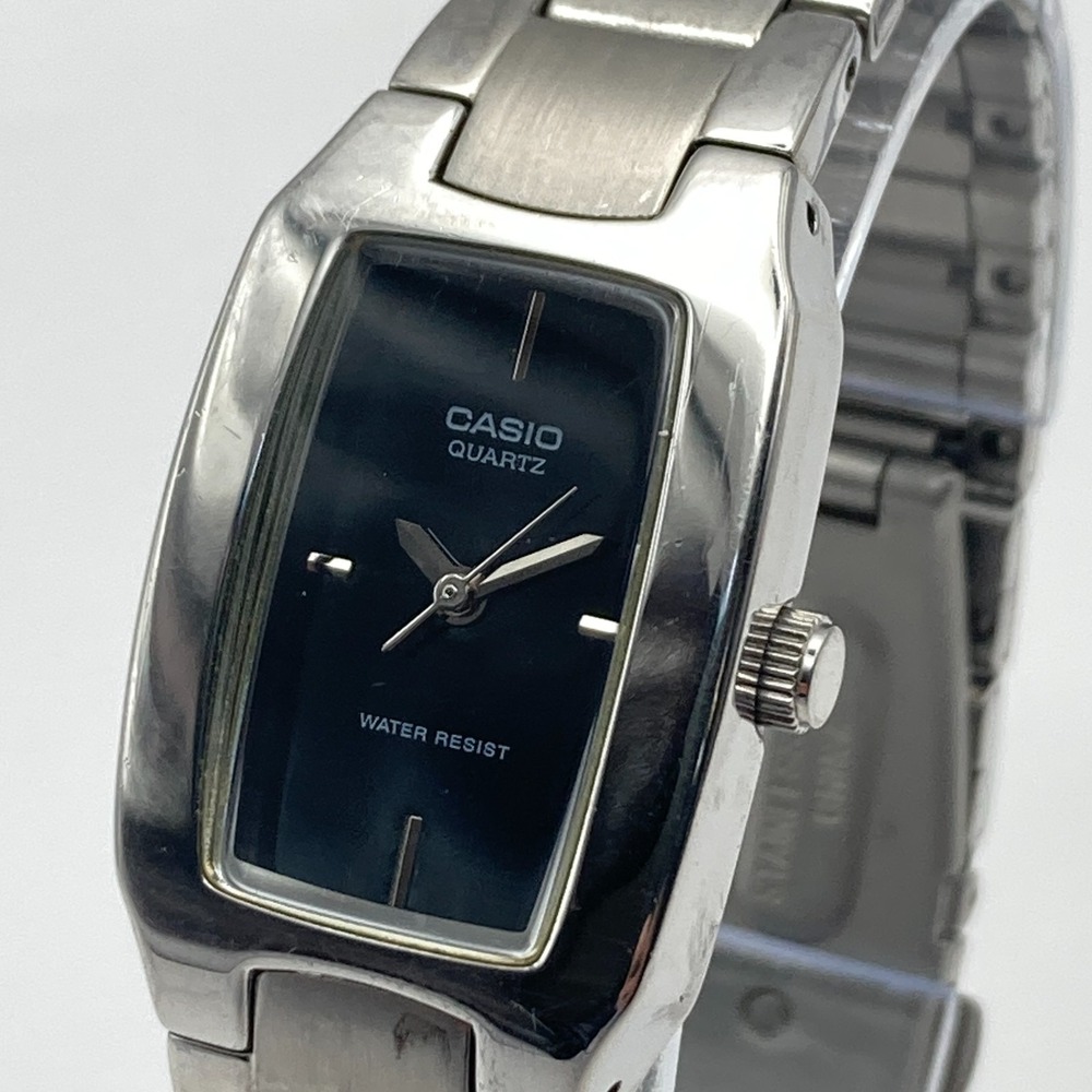 Casio Enticer Women's Tank Watch Silver Tone Black Dial 1330 LTP1165 New Battery